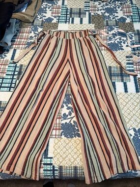 Striped Wide-Leg High Waist Elastic- Tie-Waist Pants - Peach/Blue Multi- Breezy